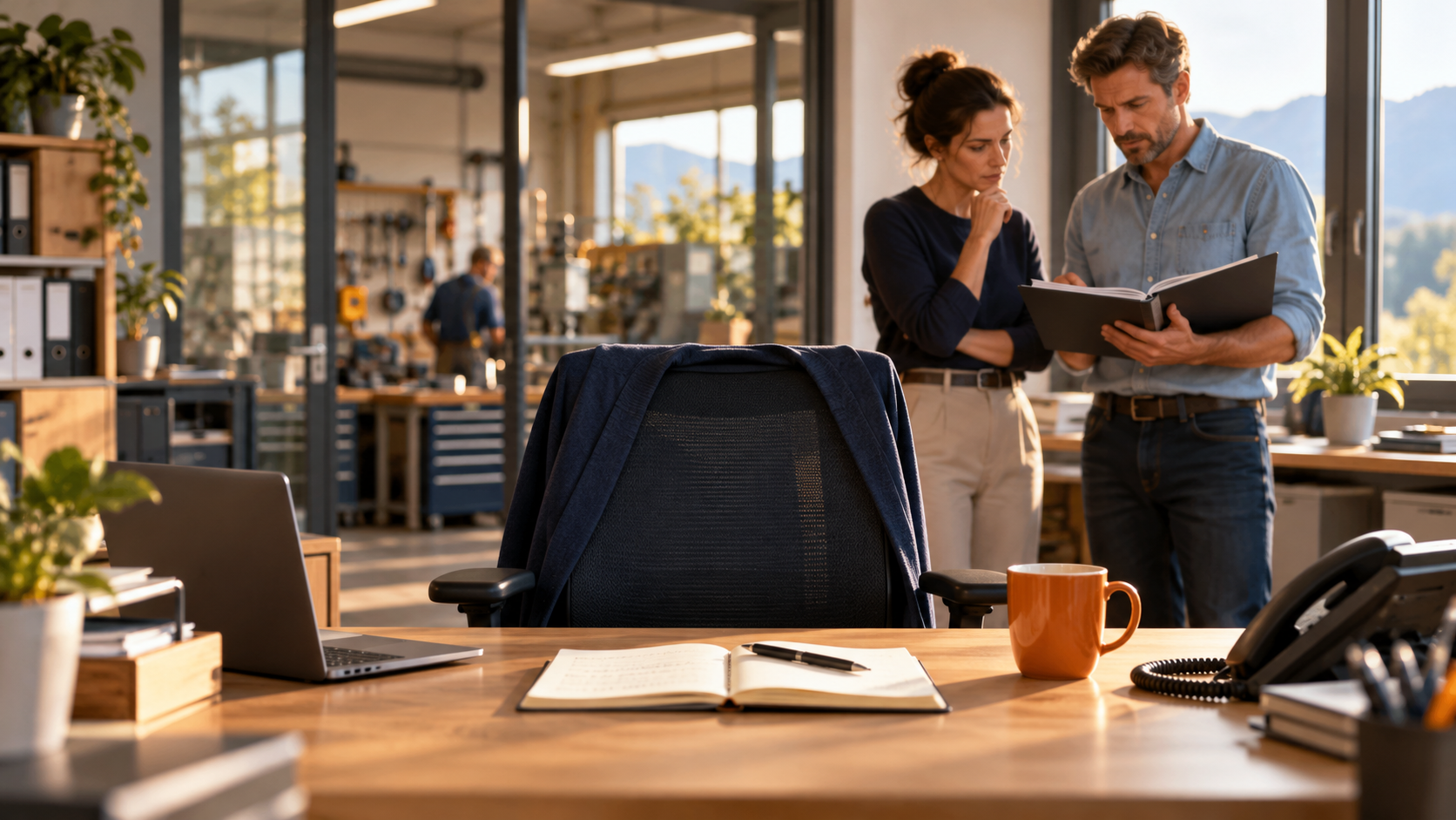 Ein leerer Arbeitsplatz mit Notizbuch; zwei Kollegen beraten sich im Hintergrund über Unterlagen.
