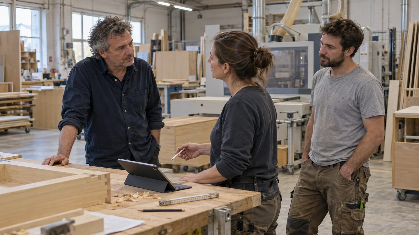 Trainer und zwei Mitarbeitende im Gespräch an einer Werkbank mit iPad in einer modernen Tischlerei